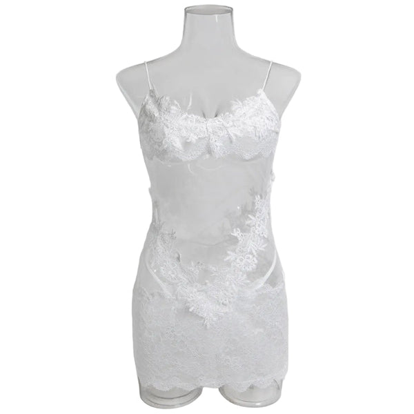 Dnika Mesh Splicing Strapless Nightgown Transparent  Bodycon Dress Spicy One Piece Short Skirt Set With Thong Sleepwear