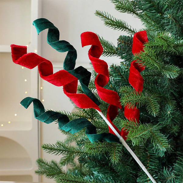 Christmas Decoration With Red And Green Faux Fur Curly Flowers Branches Ornament For Tree Gift Box Seasonal Decorations