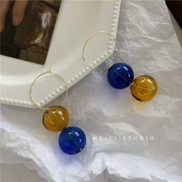 Veile Studios Exaggerated Blue Yellow Glass Bead Dangling Pendant For Women Earrings