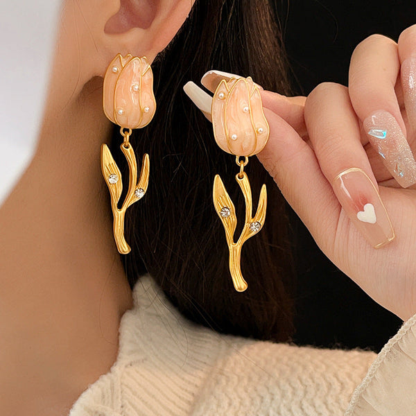 Veile Studios Oil Dripping Tulip Pearl Elegant For Women Earrings