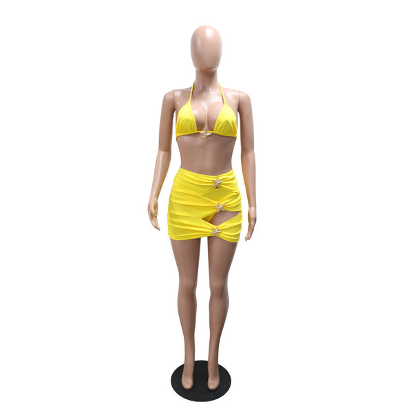 Beach Vacation Style Swimsuit Bikini Three Piece Set For Women With Belted Skirt Swimwear