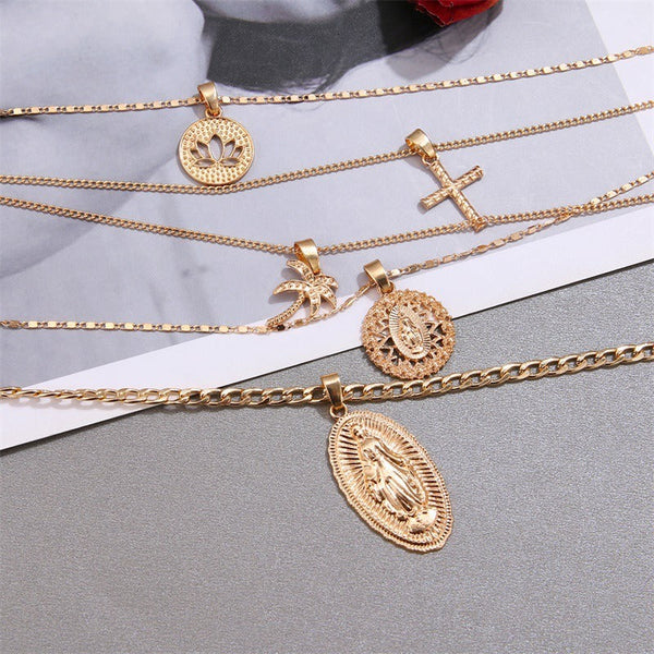 Veile Studios Retro Large Virgin Mary Golden Lotus Cross Multi Layer Pendant Necklace Necklaces & Pendants