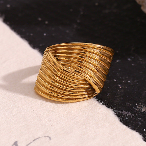 Veile Studios Retro Hand Decorated Geometric Fan Shaped Stripe Cross Ring For Women Rings