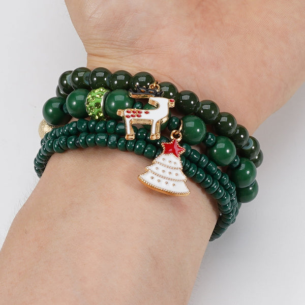 Christmas Bracelet Elastic Rope Snowman Snowflake Tree Santa Deer Hat Pendant Gift Bracelets