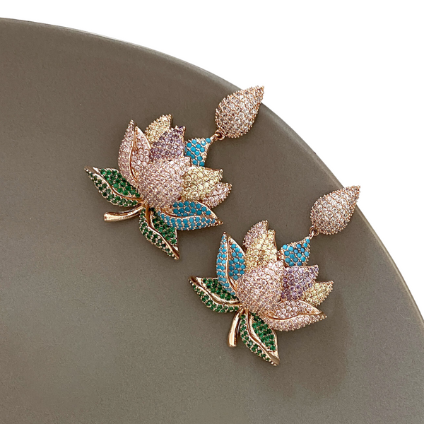 Veile Studios Lotus Plant Flower Inlaid Diamond Shaped Copper Earrings
