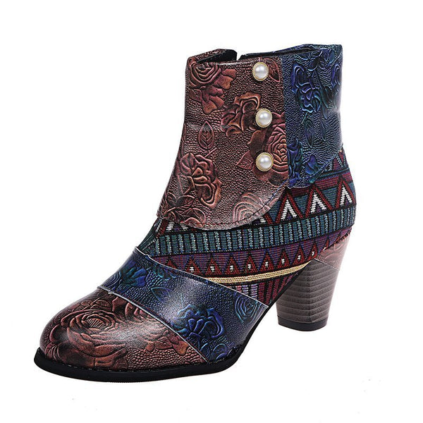 Bohemian Women's Boho Retro Block High Heels Zipper Boots