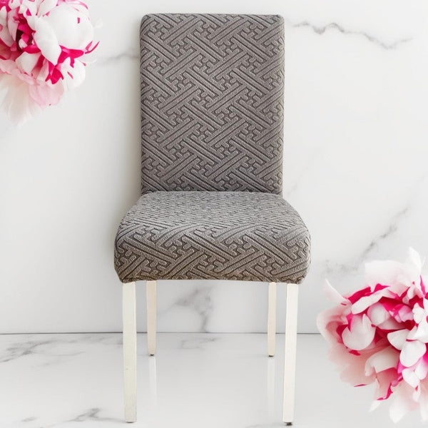 Chair Cover Dark Grey Puzzle Design Anti Dirt Elastic Material Dining Room Slipcovers