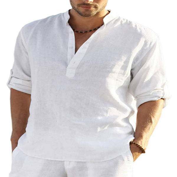 Men's Casual Cotton Linen Solid Color Long Sleeve Shirt Loose Stand Collar Casual Shirts