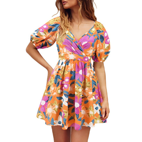 Flowers Print V Neck Lantern Sleeve Dress Y2k Summer Vacation Beach Dresses