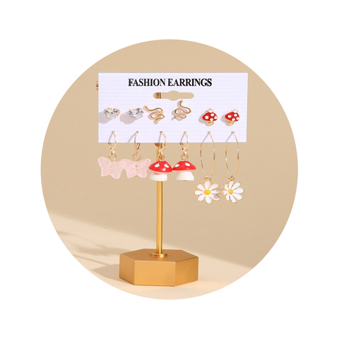 Veile Studios 6 Pairs Creative Flower Mushroom Butterfly Snake Drop Earrings