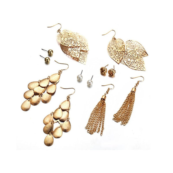 Veile Studios 6Pcs Artificial Pearl With Hollow Leaves And Woven Earrings