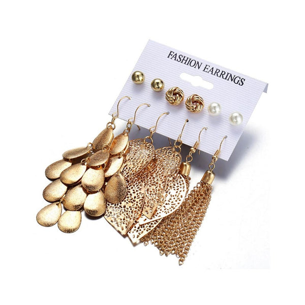Veile Studios 6Pcs Artificial Pearl With Hollow Leaves And Woven Earrings