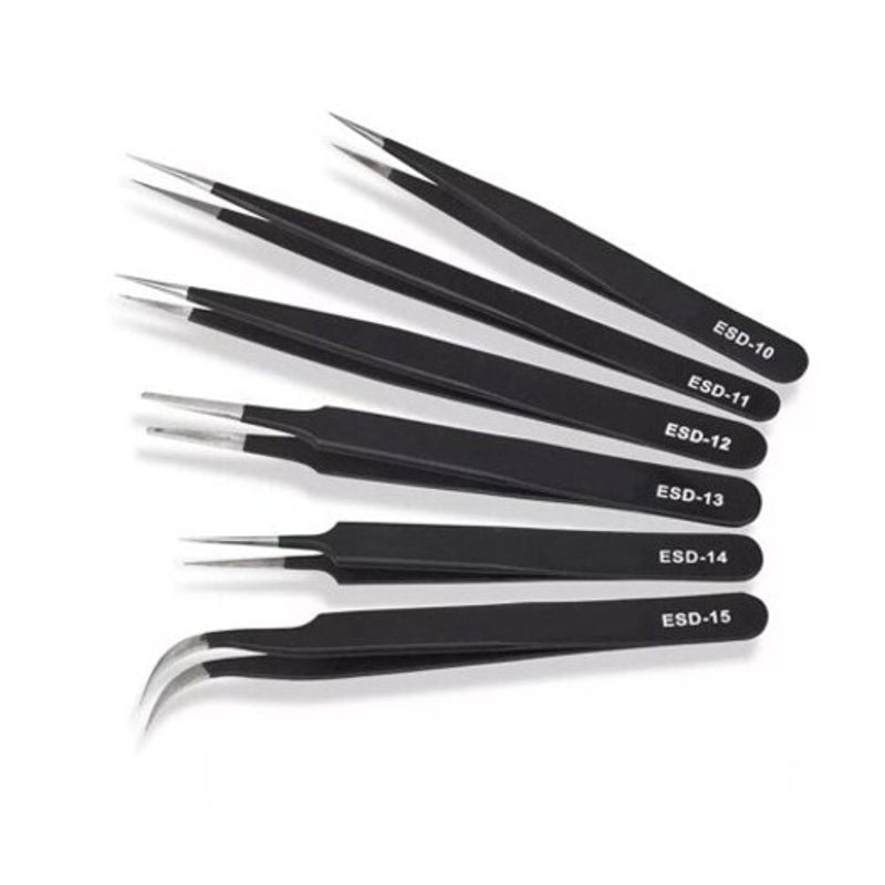 6Pcs Esd Stainless Steel Antistatic Tweezers Electronic Repair Tools Black Electronics Tweezers