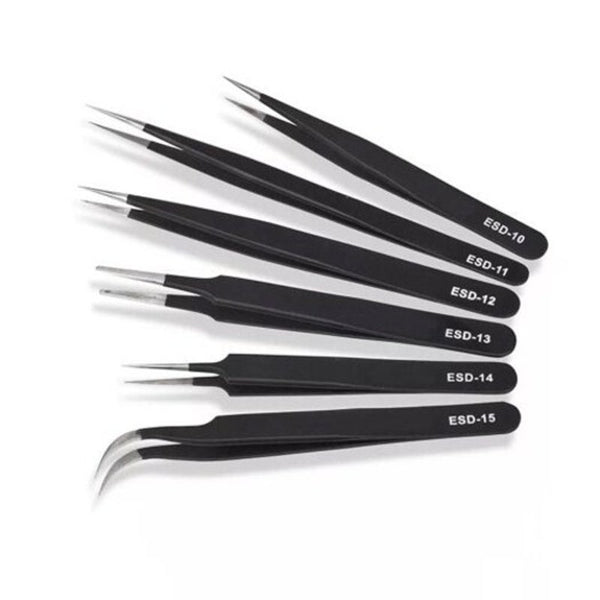 6Pcs Esd Stainless Steel Antistatic Tweezers Electronic Repair Tools Black Electronics Tweezers
