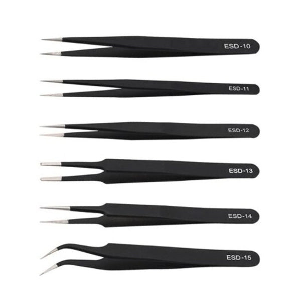 6Pcs Esd Stainless Steel Antistatic Tweezers Electronic Repair Tools Black Electronics Tweezers