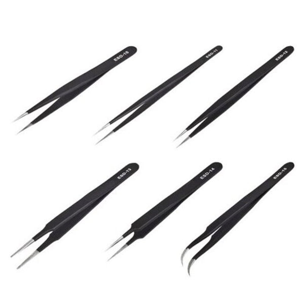 6Pcs Esd Stainless Steel Antistatic Tweezers Electronic Repair Tools Black Electronics Tweezers
