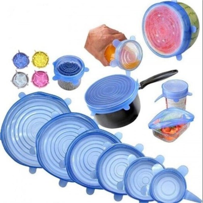 6Pcs Reusable Silicone Stretch Lids Keep Fresh Food Kitchen Storage Wraps Cover Blue Cling Film Foil & Food Wraps