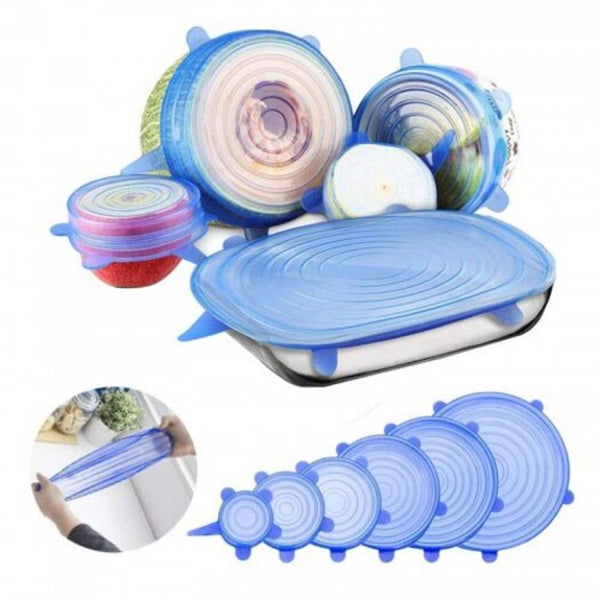 6Pcs Reusable Silicone Stretch Lids Keep Fresh Food Kitchen Storage Wraps Cover Blue Cling Film Foil & Food Wraps