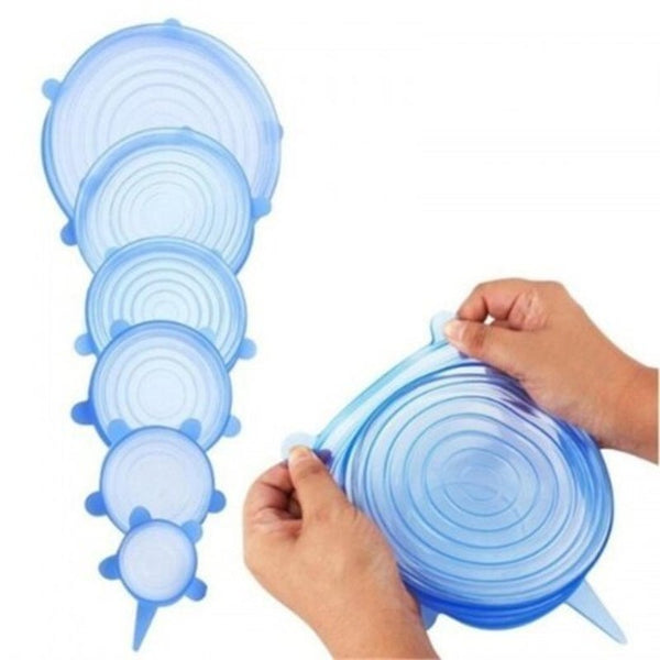 6Pcs Reusable Silicone Stretch Lids Keep Fresh Food Kitchen Storage Wraps Cover Blue Cling Film Foil & Food Wraps