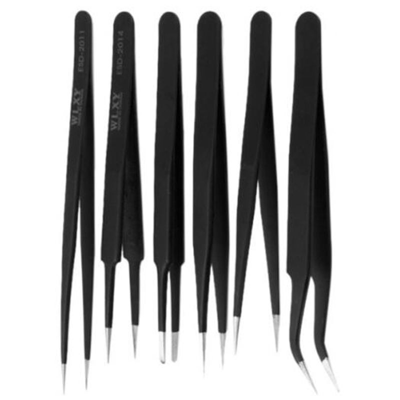 6Pcs Stainless Steel Precision Antistatic Tweezers Electronic Tools Diy Black Electronics Tweezers