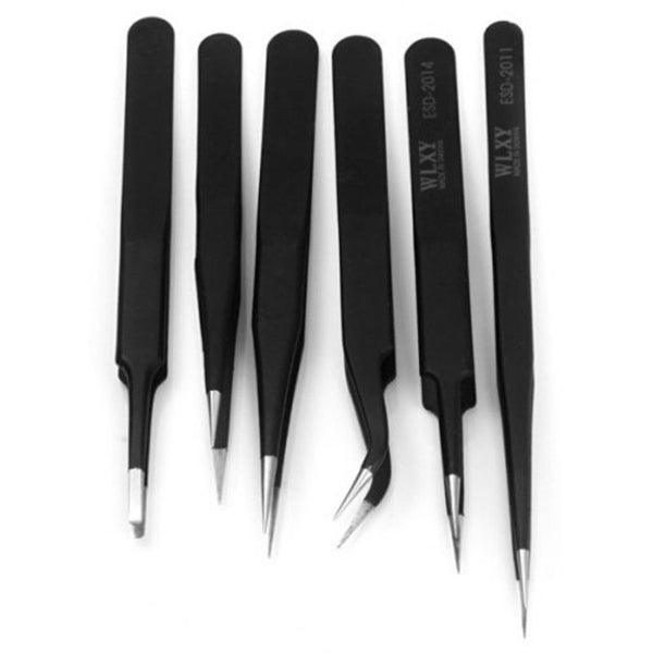 6Pcs Stainless Steel Precision Antistatic Tweezers Electronic Tools Diy Black Electronics Tweezers