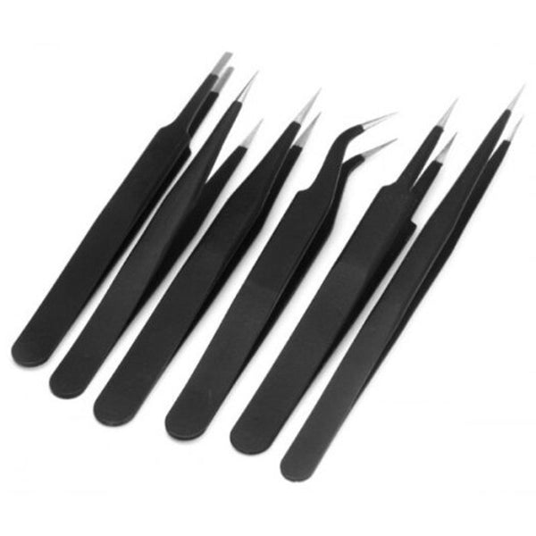 6Pcs Stainless Steel Precision Antistatic Tweezers Electronic Tools Diy Black Electronics Tweezers
