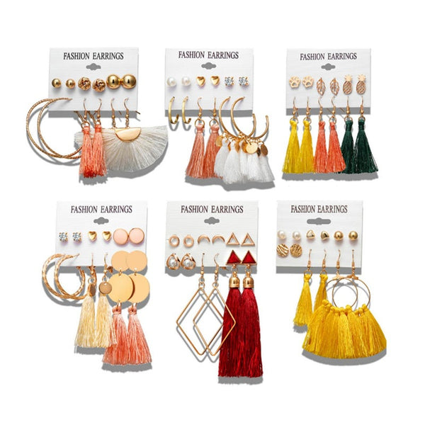 6 Pairs Tassel Stud Dangle Earrings Female Bohemian Ethnic Style 7