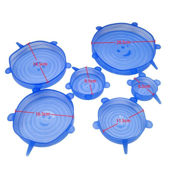 6Pcs/Set Silicone Wrap Cover Lids Food Bowl Pot Stretch Reusable Sealer Blue