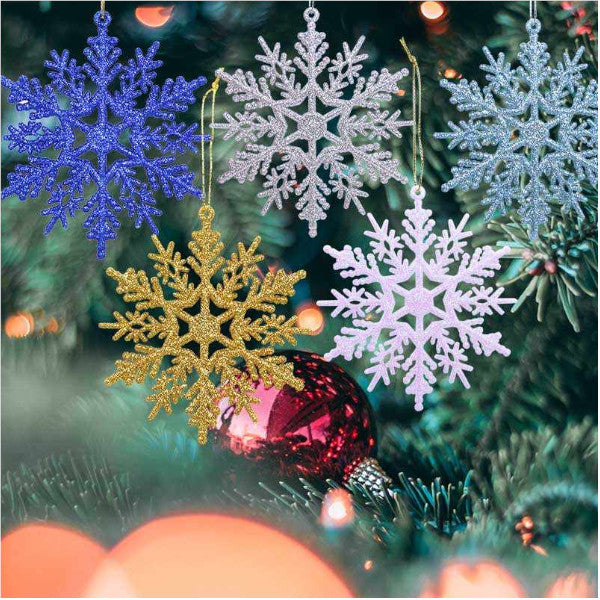 6Pcs Snowflakes Christmas 14Cm Plastic Glitter Flake Ornaments Tree Pendant
