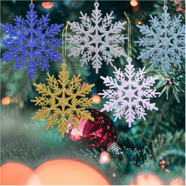 6Pcs Snowflakes Christmas 14Cm Plastic Glitter Flake Ornaments Tree Pendant Seasonal Decorations
