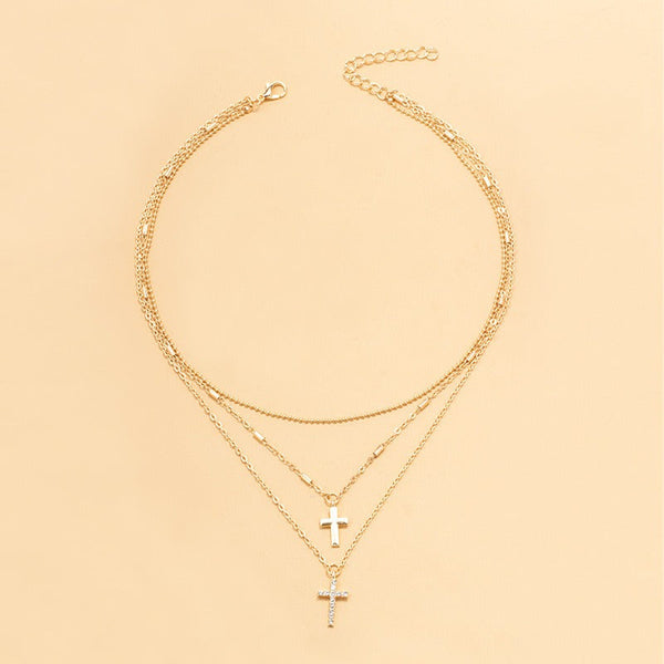 Veile Studios Full Diamond Cross Pendant Chain Necklace With Multiple Layered Accessories Necklaces & Pendants