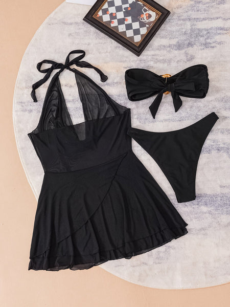 New And American Style Bikini Mesh Cover Up Three Piece Set  Tube Top Separated Swimsuit Swimwear