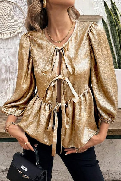 Gold Bow Tie Front Puff 3/4 Sleeve Ruffle Hem Blouse Xl Tops