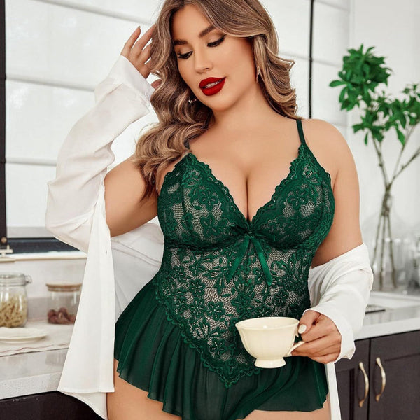 Lace Bow Deep V Neck Plus Size Sleepwear Style Dress Dresses