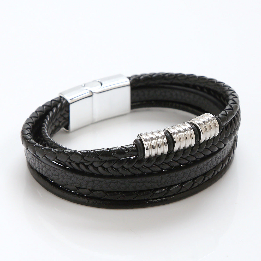 Veile Studios Mens Leather Magnetic Buckle Woven Bracelet Electroplating Black Bracelets