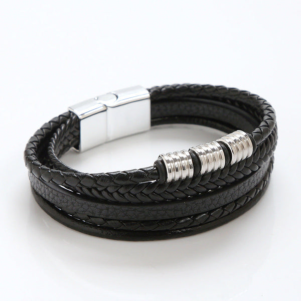 Veile Studios Mens Leather Magnetic Buckle Woven Bracelet Electroplating Black Bracelets