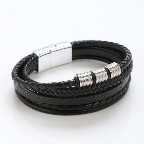 Stainless Steel Men's Leather Magnetic Buckle Woven Bracelet
