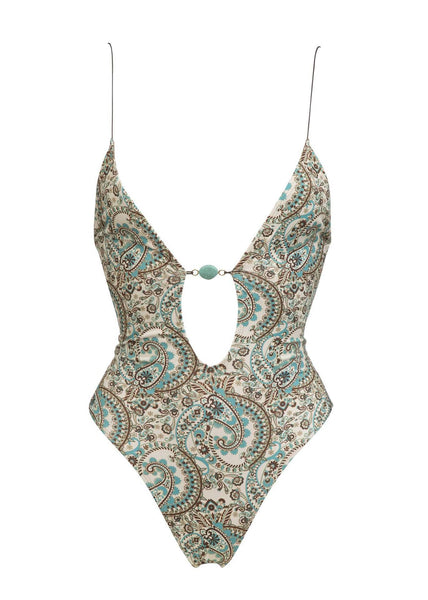 Deep V One Piece Swimsuit With Lace Up Back For Women European And American Style Printed Bikini Swimwear