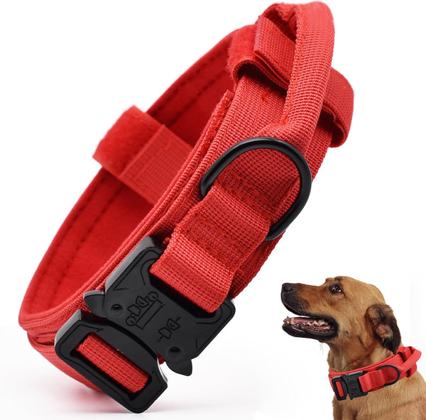 L Red Tactical Dog Collar Heavy Duty Nylon Pet For Medium & Large Dogs Adjustable (3.8Cm Width) Dog Collars