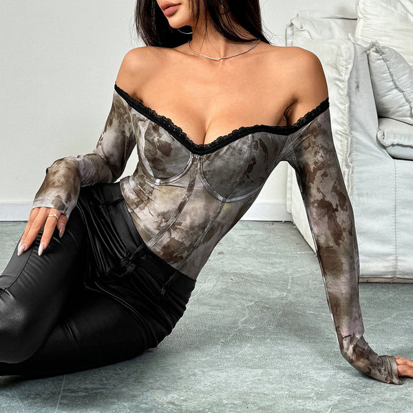 Retro Mesh Printed Lace One Shoulder Slimming  Jumpsuit Jumpsuits Rompers & Playsuits