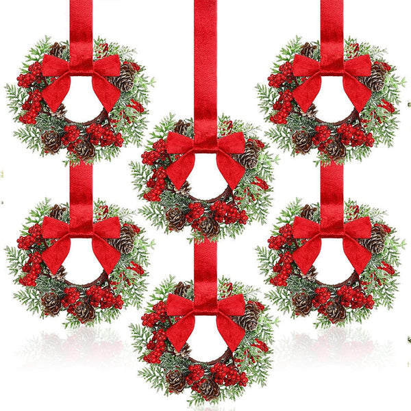 Farmhouse Mini Christmas Cabinet Wreaths Set Of 6 With Ribbon Tie Ons Seasonal Decorations