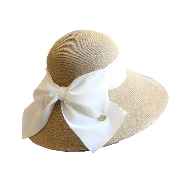 Luna&Dolphin Handmade Women Summer Sun Hat Beach Straw Nature Black White Bow Ribbon Cap Temperament Flat Collapsible Outdoor Hats