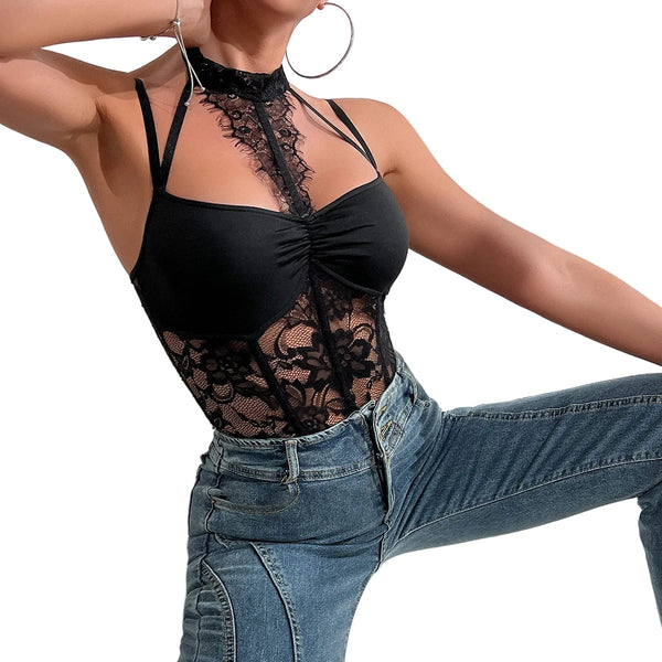 Black Fitted Waist Cinching Lace Eyelash Fringe Halter Boned  Jumpsuit Jumpsuits Rompers & Playsuits