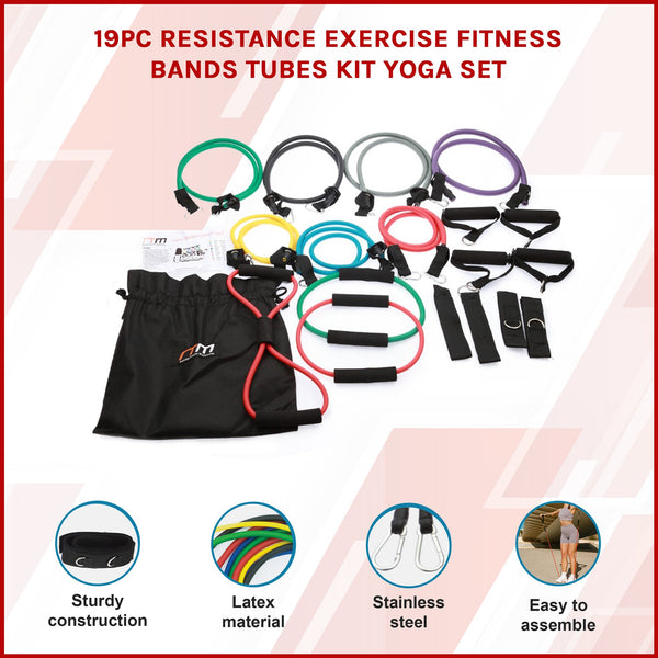 19Pc Resistance Exercise Fitness Bands Tubes Kit Yoga Set Resistance Trainers