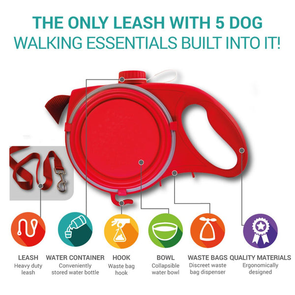 Multi Functional Dog Leash With Built In Water Bottle Bowl Waste Bag Dispenser