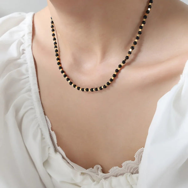 Square Titanium Steel Gold Plated Natural Black Agate Stone Handmade Bead Necklace Jewelry For Women Necklaces & Pendants