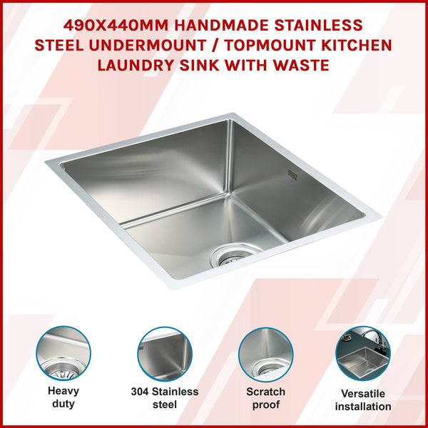 490X440mm Handmade Stainless Steel Undermount / Topmount Kitchen Laundry Sink With Waste Kitchen Sinks