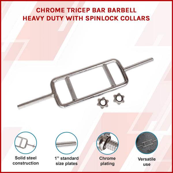 Chrome Tricep Bar Barbell Heavy Duty With Spinlock Collars Barbells & Attachments