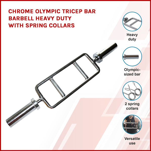 Chrome Olympic Tricep Bar Barbell Heavy Duty With Spring Collars Barbells & Attachments