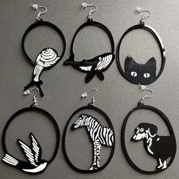 Veile Studios Acrylic Dangle Round Asymmetric Black Animals Drop Jewellery Earrings